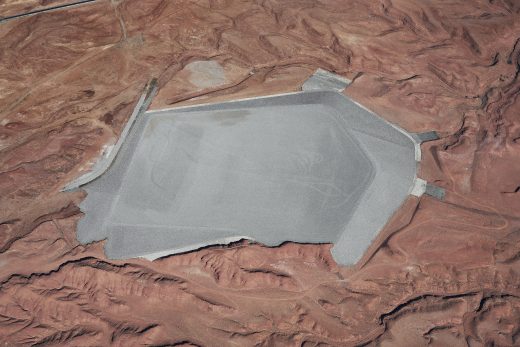 Color aerial photograph directed down at Mexican Hat Uranium Mill Tailings Repository.