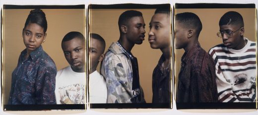 Three photographs lined side by side showing five dark-skinned teenagers from the torso up.