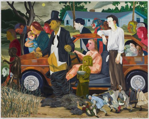 A painting of multiple characters marching alongside a car in subdued but vibrant colors.
