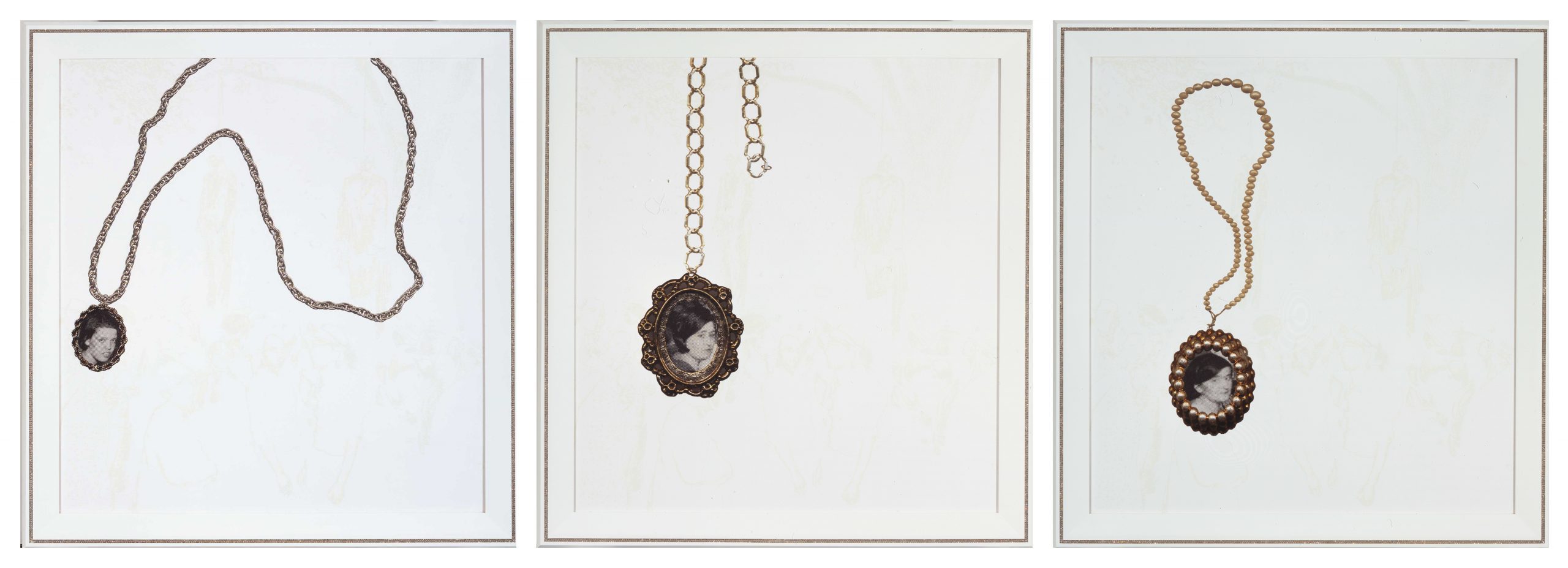 Three prints of locket style necklaces with black and white portraits inside. 