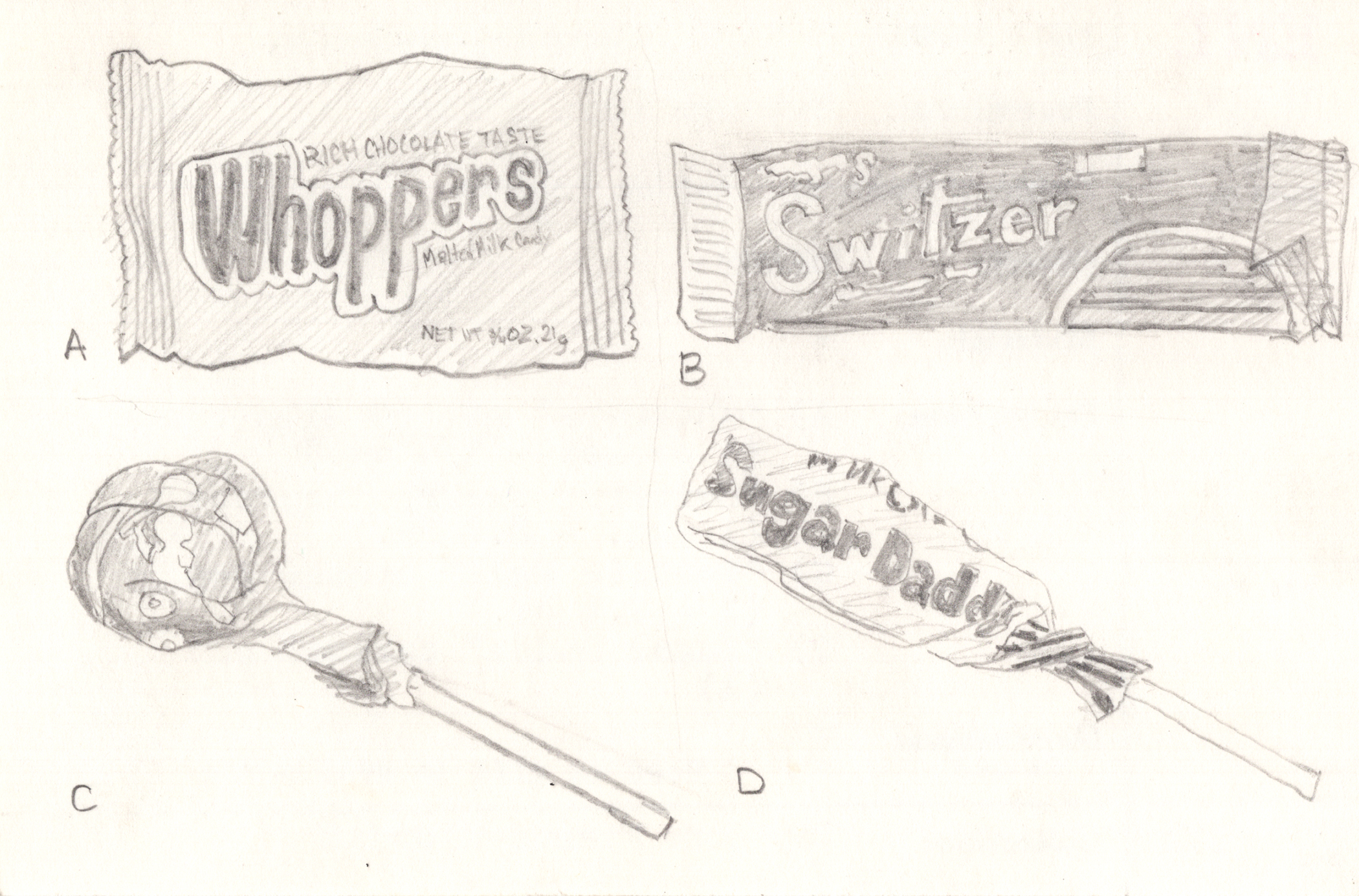 A pencil linedrawing of four kinds of candy