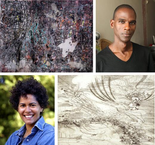 A collage of artworks and artist headshots