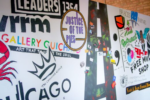 A mural made with business names and logos.