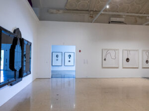 Gallery installation with multiple black and white artworks
