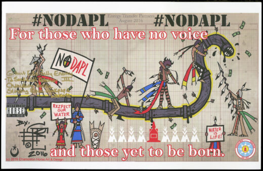 Digital poster of Indigenous figures fighting a snake-like pipeline surrounded by protest signs and the text For those who have no voice and those yet to be born.