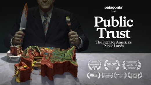 An illustration of a person in a suit carving a cake in the shape of the United States. To the right it reads Patagonia films Public Trust The Fight for America's Public Lands