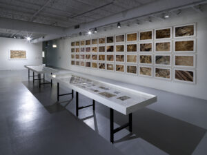 An installation with a grid of photographs depicting aerial vantages of the desert with white vitrine tables in the foreground