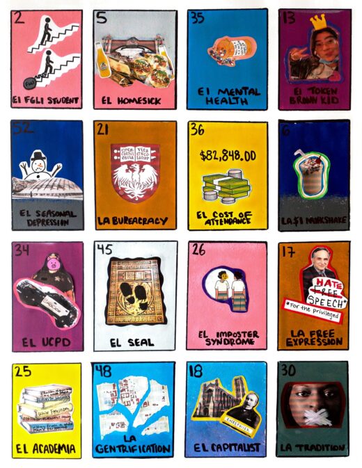 A series of colored rectangles in the style of loteria cards