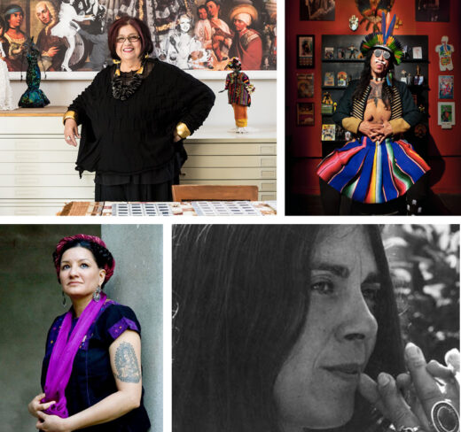 Headshots of the presenters Amalia Mesa-Bains, Guillermo Gómez-Peña, Sandra Cisneros, and Maria Varela.