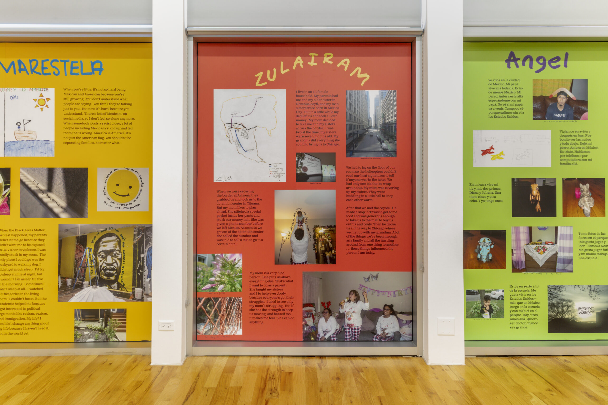 Large text and photograph displays, in yellow, red, and green, featuring family style photographs.