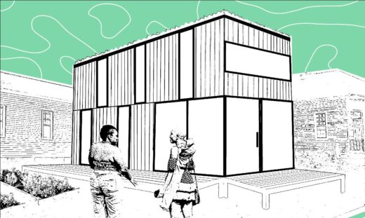 An architectural rendering with two people approaching a schoolhouse